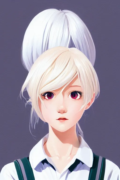 Prompt: a headshot of a very happy cute girl with shoulder - length white hair wearing school uniform, sharp focus, illustration, morandi color scheme, art station, high detailed, by ilya kuvshinov