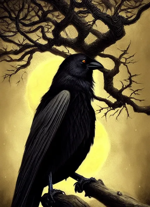 Image similar to side portrait dark crow on tree in front of the full big moon, fine art, awesome fantasy book cover on Pinterest, award winning, fantasy forest landscape, fantasy magic, dark golden light night, intricate, elegant, sharp focus, illustration, highly detailed, digital painting, concept art, matte, art by WLOP and Artgerm and Greg Rutkowski, masterpiece, trending on artstation