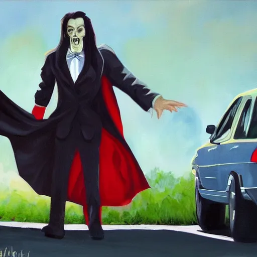 Prompt: extremely photo realistic painting of dracula stalking bigfoot in a parking lot.
