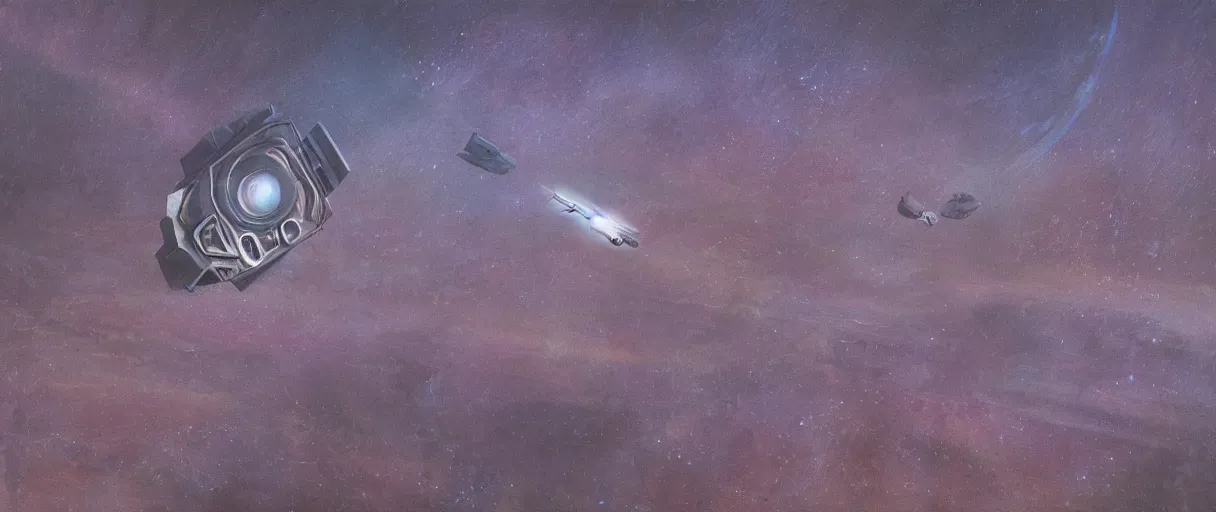 Image similar to concept art, a single lonely spaceship drifting in space, exploring the void, the expanse tv series, industrial design, lost in the immensity of space, spatial phenomenon, space debris, cinematic lighting, 4k, greebles, widescreen ratio, wide angle, beksinski, sharp shapes, maximalist, film grain