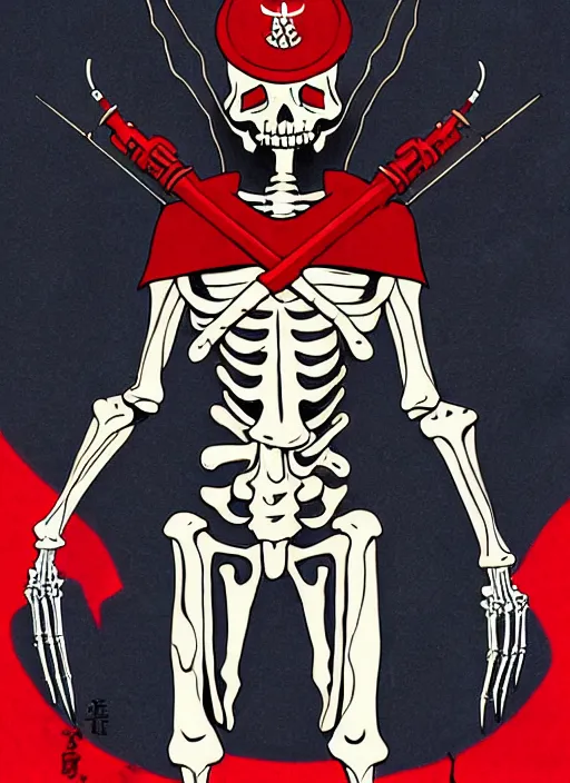 Image similar to shin megami tensei art of a demon that is a skeleton soviet!! soldier!! from 1 9 2 0 s wearing a budenovka!!! with a red star!!, art by kazuma kaneko, demonic! compedium!, law aligned, digital drawing, white background, very high quality, very highly detailed