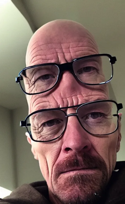 Image similar to img _ 0 4 2 4. jpg. candid walter white selfie. snapchat, instagram, hashtags, accidental photo,