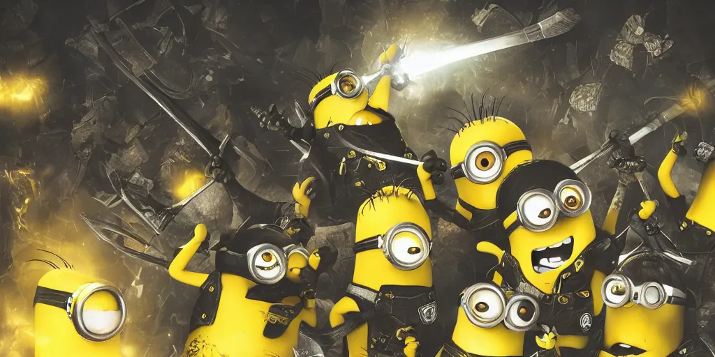 Image similar to Minions with axes and words against golden sparks, black smoke, yellow lights, Anime, cyberpunk, gothic, dark fantasy, art, 4k,