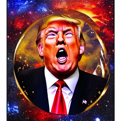 Prompt: Donald Trump, angry, swallowing a whole galaxy, 4k, highly detailed, macabre, ominous