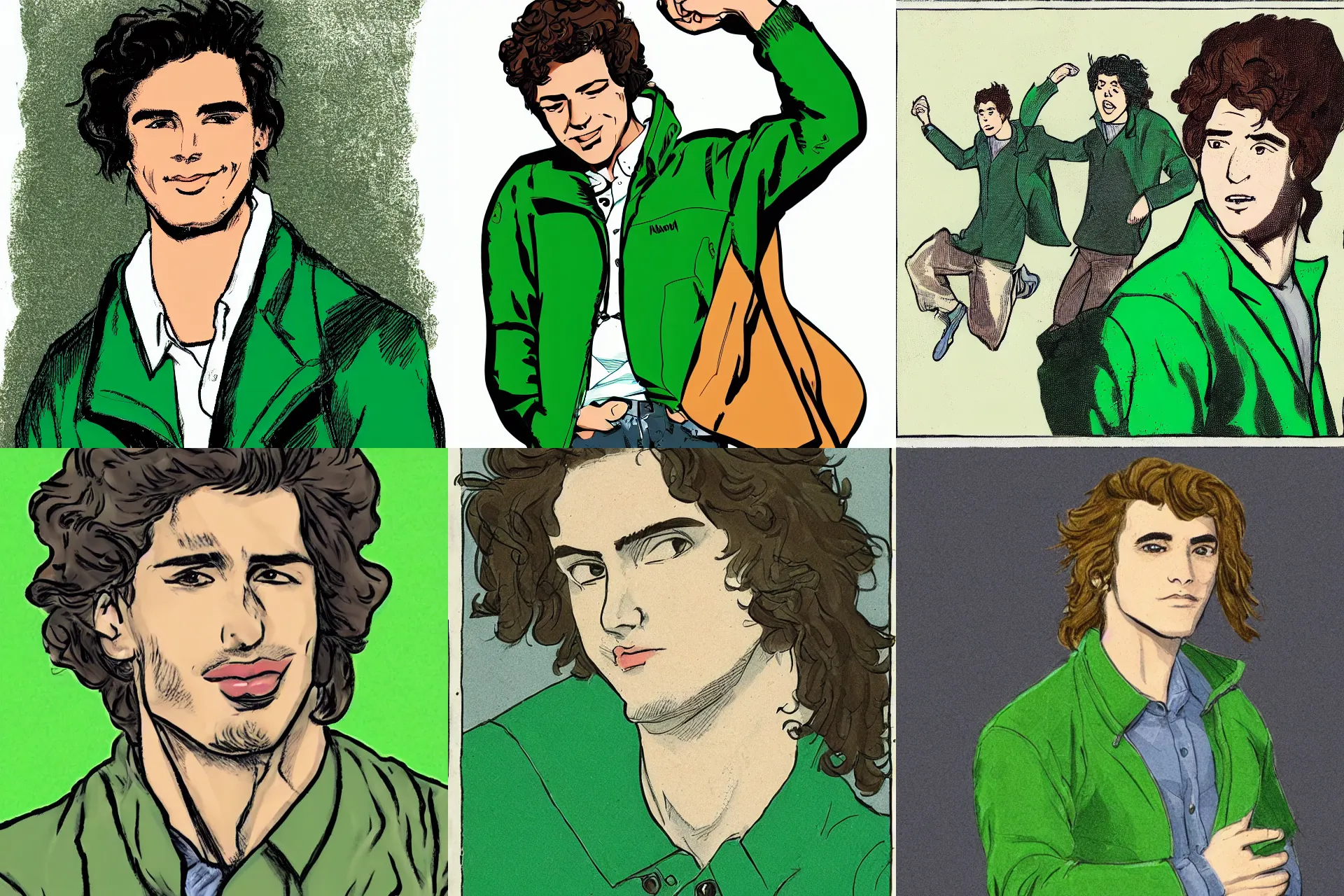 Prompt: a young man with wavy hair wearing a green jacket, comic style