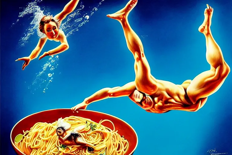 Prompt: olympic diver diving from springoard into a dish of pasta, detailed surrealist art, artgerm