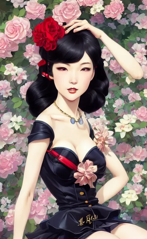 Image similar to a pin up and beautiful fashion and charming and dreamlke japan girl with lv jewelry, character art, art by artgerm lau and kyoung hwan kim and and ilya kuvshinov and john singer sargent, hyperdetailed, 8 k realistic, symmetrical, frostbite 3 engine, cryengine, dof, trending on artstation, digital art