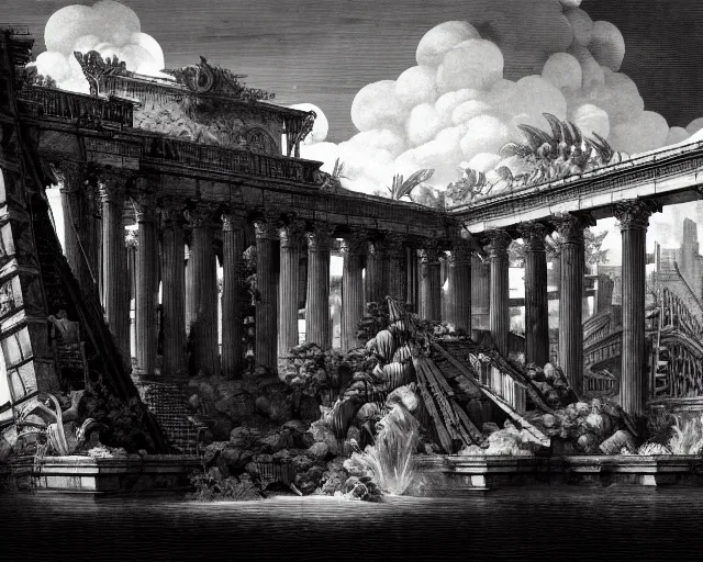 Prompt: Piranesi imagination mixed with the aesthetics of Vaporwave