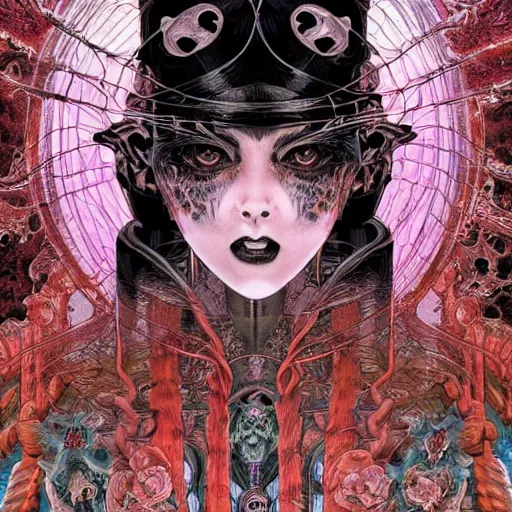 Image similar to portrait of mad zombie queen, symmetrical, by yoichi hatakenaka, masamune shirow, josan gonzales and dan mumford, ayami kojima, takato yamamoto, barclay shaw, karol bak, yukito kishiro illustration, clear line