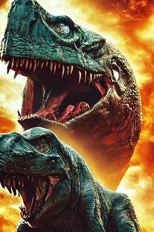 Prompt: movie Poster by drew struzan, Tom cruise vs carnivore dinosaur, raptor, Tyrannosarus Rex, from kong skull Island (2017), from jurassic World (2015), from pacific rim (2013) from King kong (2005), trex from godzilla (2014), from guardians of the galaxy, from transformers, cgsociety, ArtStation, by Frank frazetta, by drew struzan, alosaurus, spinosaurus, velociraptor