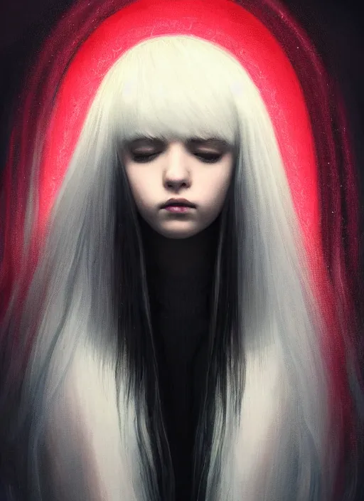 Image similar to hair whitebangs hair, black hair, portrait of teenage girl with white bangs, whitebangsblackhair, messy bangs, curly bangs, whitebangs, red irises, purple clothes, intricate, elegant, glowing lights, highly detailed, digital painting, artstation, concept art, sharp focus, illustration, art by wlop, mars ravelo and greg rutkowski