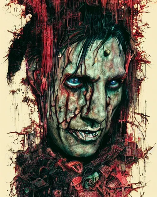 Image similar to trent reznor as a decaying zombie, grotesque, horror, high details, bright colors, striking, intricate details, by vincent di fate, artgerm julie bell beeple, 1 9 8 0 s, inking, vintage 8 0 s print, screen print