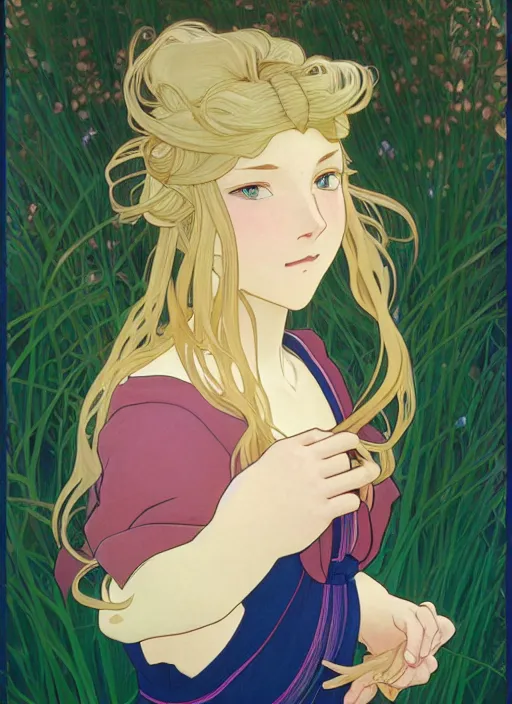 Image similar to pretty young man with shoulder length blond hair, half body shot, path traced, highly detailed, high quality, digital painting, by studio ghibli and alphonse mucha, leesha hannigan, hidari, disney, art nouveau, chiho aoshima