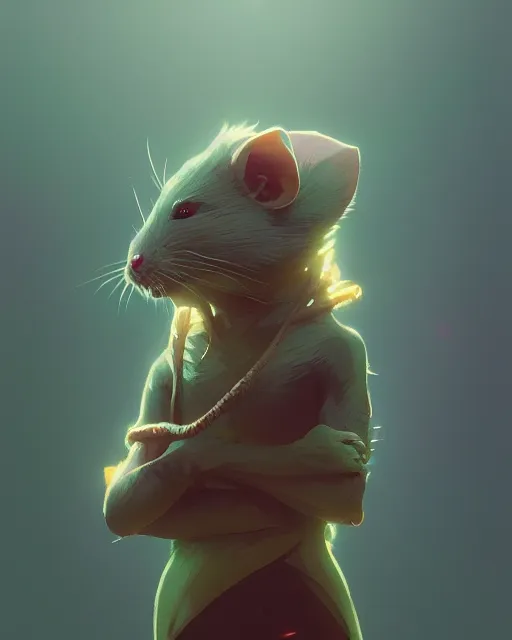 Image similar to highly detailed vfx portrait of a rat, unreal engine, greg rutkowski, loish, rhads, beeple, makoto shinkai and lois van baarle, ilya kuvshinov, rossdraws, tom bagshaw, alphonse mucha, global illumination, detailed and intricate environment