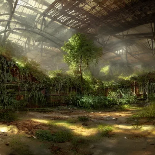 Image similar to an abandoned warehouse, overgrown with vegetation, beautiful graffiti on all walls, by craig mullins, octane rendering, warm moody lighting, wide angle lens, low view, in the style of pixar animation, trending on artstation