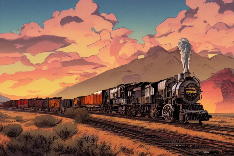 Image similar to old western freight train illustration by joe fenton and syd mead and p. craig russell and barry windsor - smith, artstation, 4 k, graphic novel, concept art, matte painting, steam engine spewing billowy white clouds of steam, beautiful idyllic mountain desert sunset background, golden hour, art nouveau