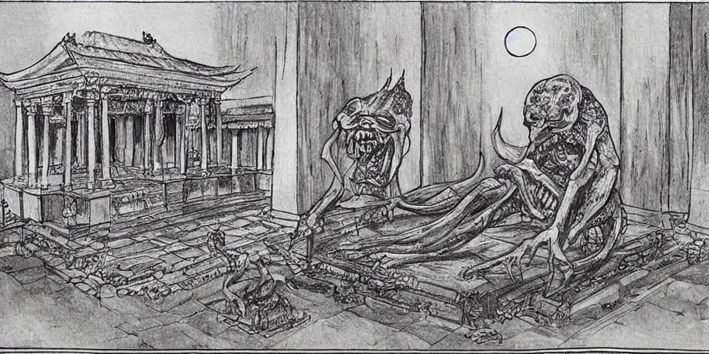 Image similar to Huge monster from under the bed, in front of the temple, drawn by a queasy old man