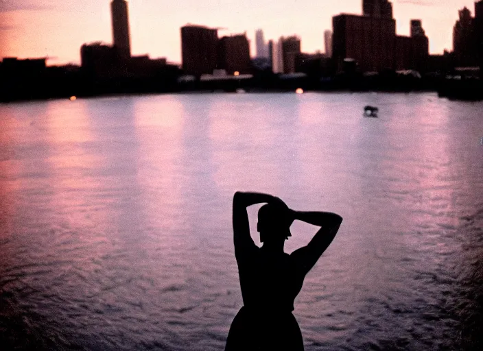 Image similar to a 35mm photograph from the back of a woman standing at the edge of a river in Harlem, New York City in the 1960's at sunset, bokeh, Canon 50mm, cinematic lighting, photography, retro, film, Kodachrome, award-winning, rule of thirds, golden hour