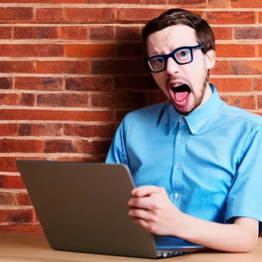 Prompt: picture of the nerd guy, looking on the computer and reacting about new twitter followers, real life, photography