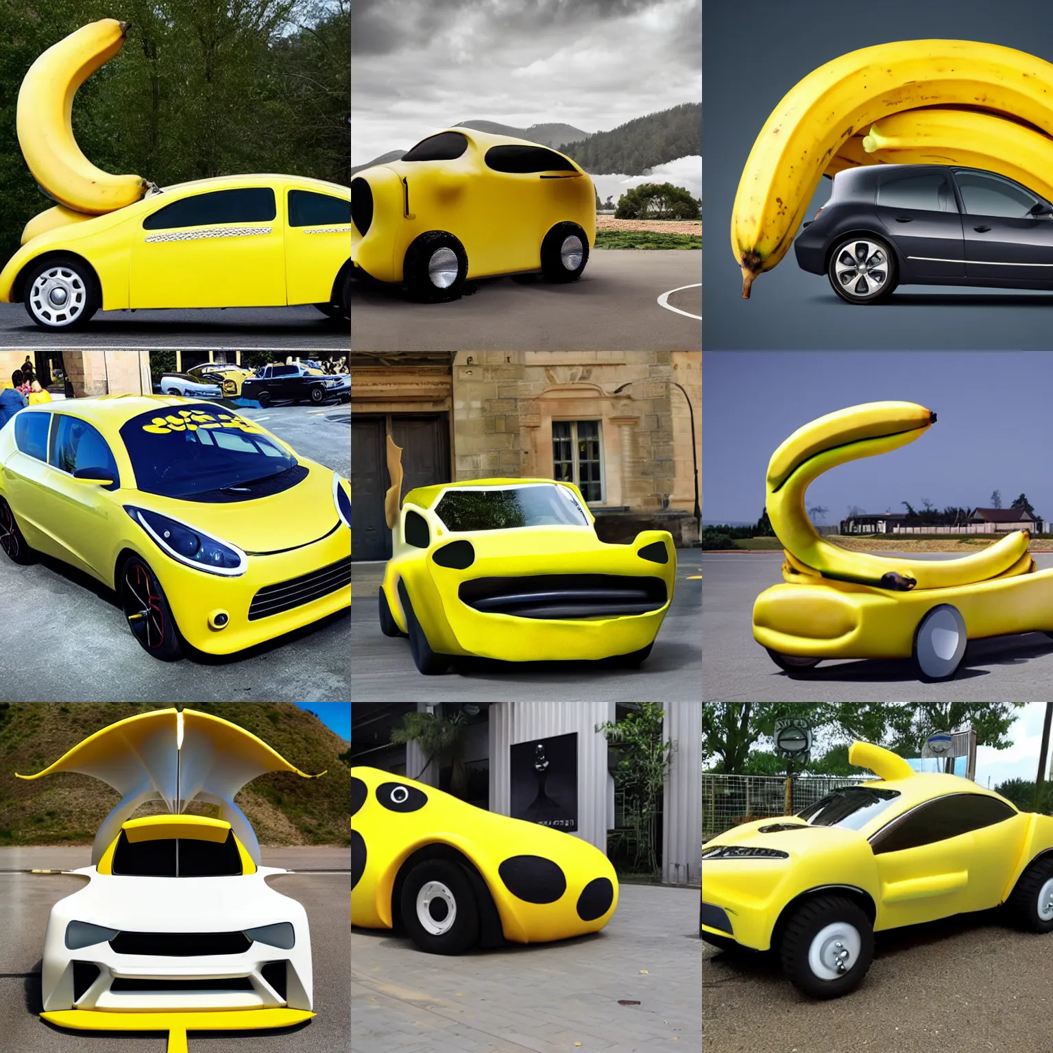 Prompt: a car in the shape of an banana