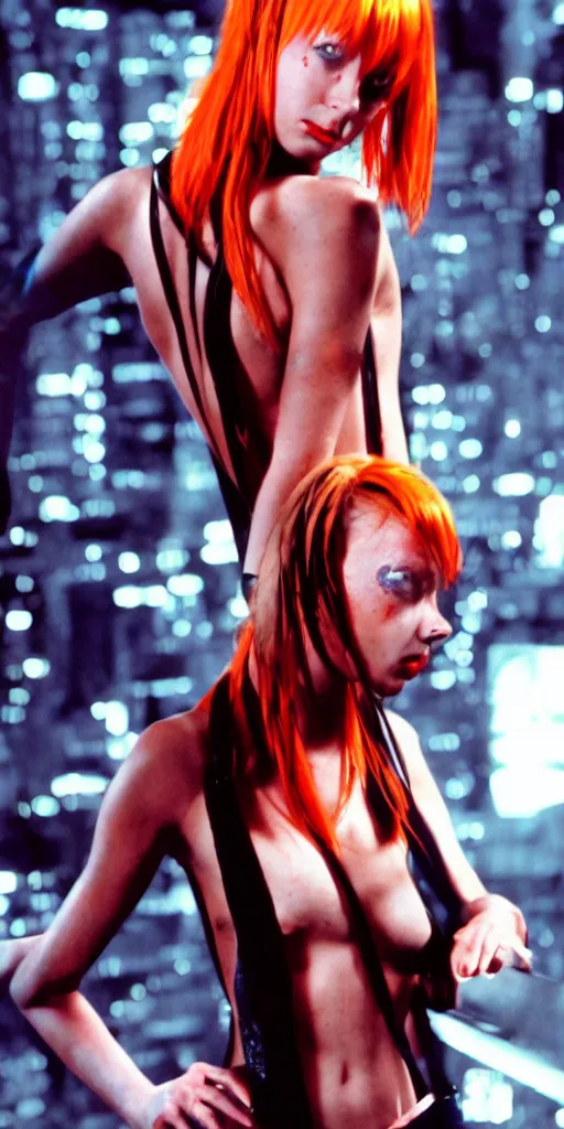 Image similar to Leeloo from the 5th Element, cinematic, trending on imagestation, 35mm, futuristic, cyberpunk