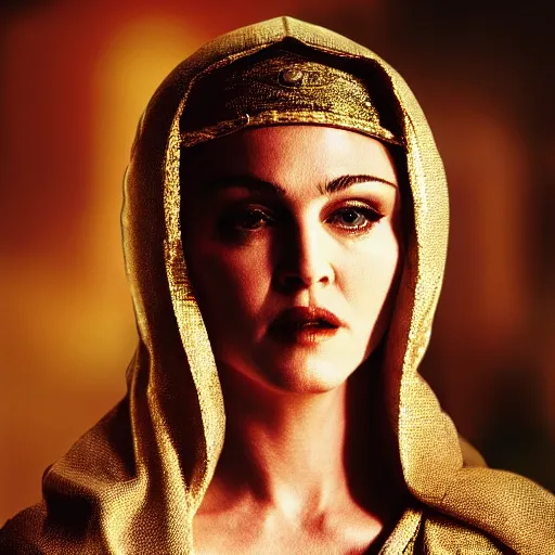 Image similar to stunning awe inspiring madonna as the female jesus christ, movie still 8 k hdr atmospheric lighting