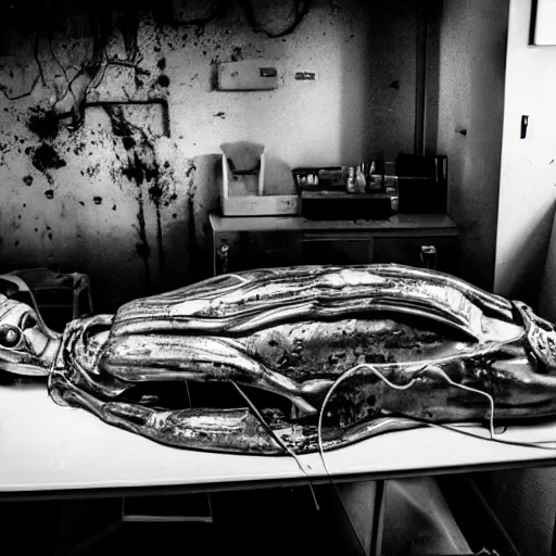 Prompt: photo of an alien autopsy, black and white, wide angle