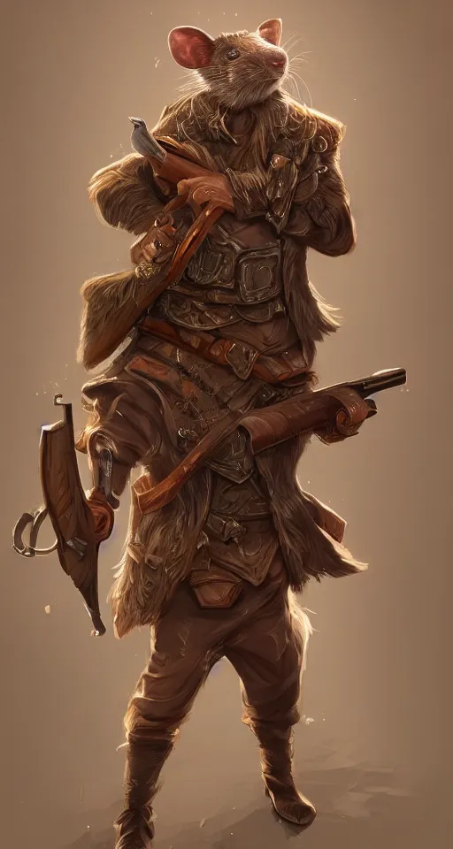 Image similar to illustration of a rat holding a wooden shotgun wearing a coat, dramatic standing, intricate, elegant, highly detailed, centered, digital painting, artstation, concept art, smooth, sharp focus, league of legends concept art, wlop