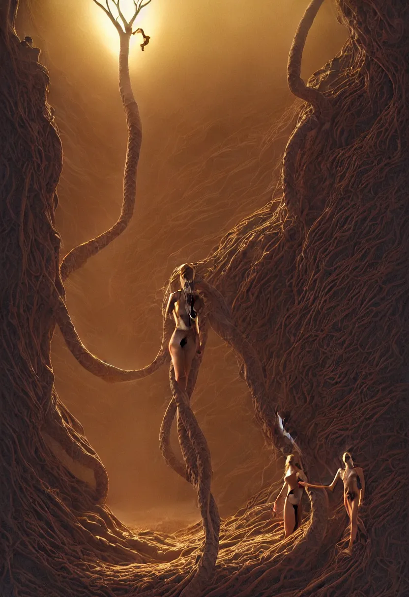 Prompt: a close up of Adam and Eve in Dune with the tree of life, the snake is surrounding them, beautiful dramatic moody lighting, cinematic atmosphere, high detail, 8k, ornate, dark fantasy, masterpiece, complex, a tropical garden world by Ralph McQuarrie| sparth:.2 | Tim white:.4 | Rodney Mathews:.2 | Graphic Novel, Visual Novel, Colored Pencil, Comic Book:.2