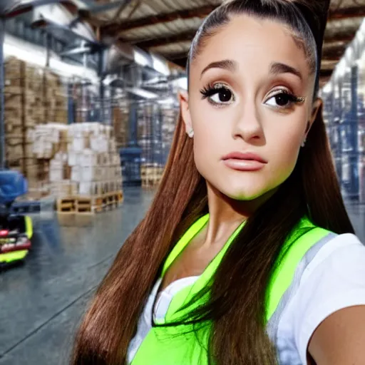 Image similar to photo, close up, ariana grande in a hi vis vest, in warehouse, android cameraphone, 2 6 mm,