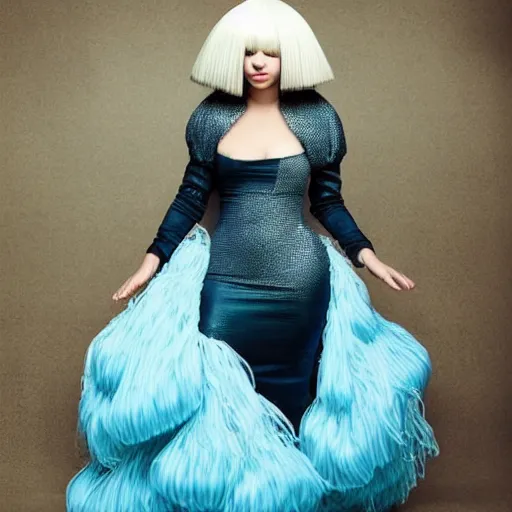 Prompt: Sia furler photoshoot wearing a dress full body puffy wig