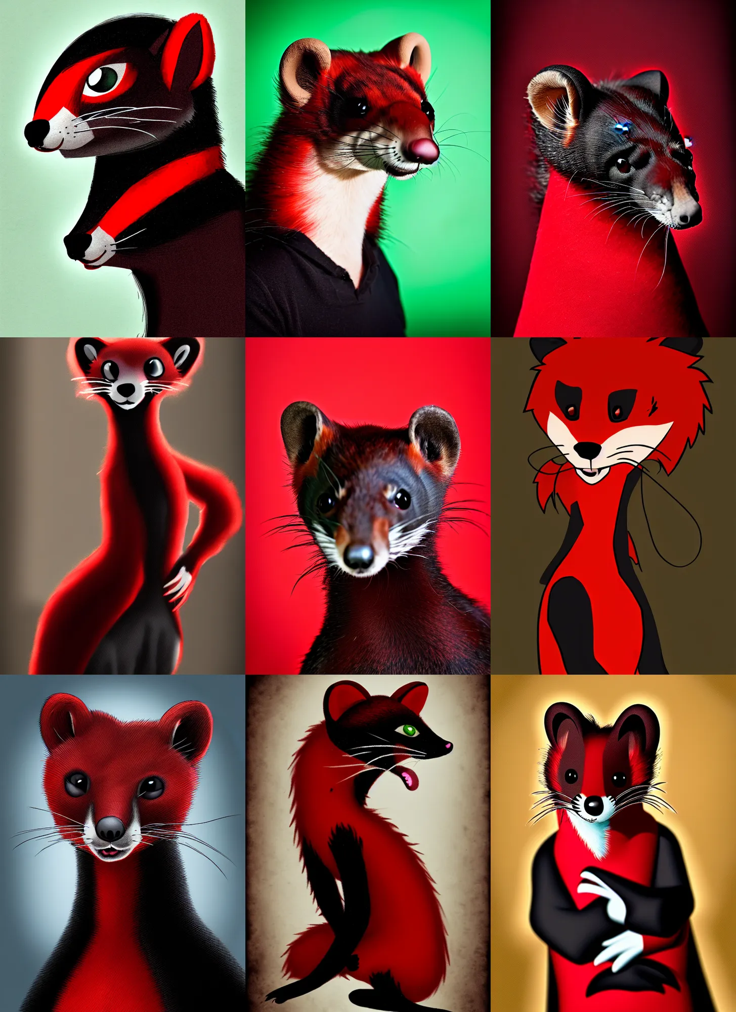 Prompt: photo studio portrait of a roguish red - black weasel fursona