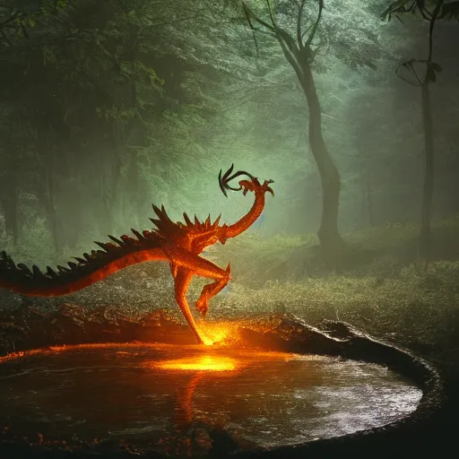 Prompt: a dragon emerging from a pool of oil, photograph taken in a dark forest
