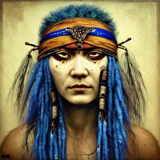 Image similar to A young blindfolded shaman woman with a decorated headband, in the style of heilung, blue hair dreadlocks and wood on her head., made by karol bak ans shaun tan