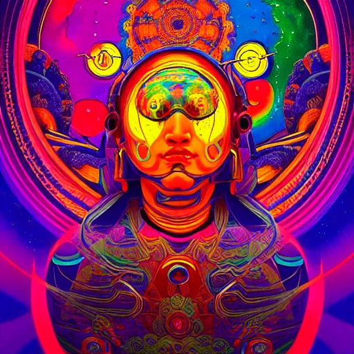 Image similar to An extremely psychedelic experience, colorful, surreal, dramatic lighting, cosmonaut, LSD, cyberpunk Tibetan bodhisattva, detailed, intricate, elegant, highly detailed, digital painting, art nouveau, tarot, artstation, concept art, smooth, sharp focus, illustration, art by Sam spratt, dan mumford, Artem Demura and alphonse mucha