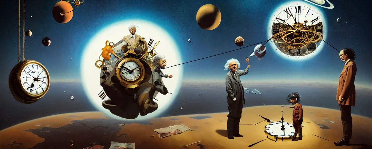 Image similar to duotone surrealist illustration 3 / 4 portrait of albert einstein measuring time on salvadore dali clock in outer space. golden ratio accidental renaissance. by sachin teng and sergey kolesov and ruan jia and heng z. graffiti art, scifi, fantasy, hyper detailed. octane render. concept art. trending on artstation