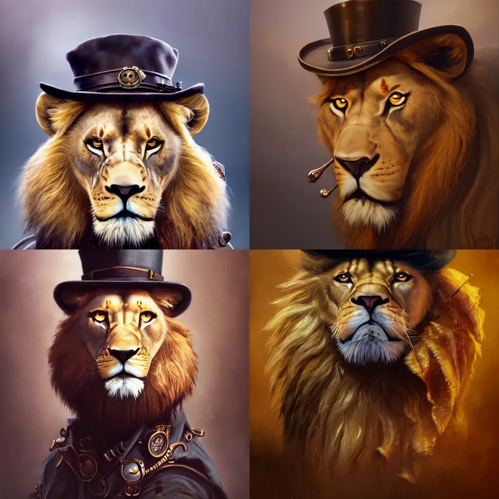 Prompt: oil painting portrait of handsome lion face, wearing steampunk hat, detective coat, steampunk monocle, upper body,sharp focus, fantasy style, octane render, volumetric lighting, 8k high definition, by greg rutkowski, highly detailed, trending on art station,