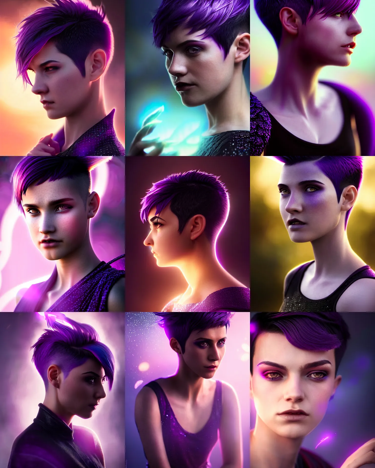 Prompt: Portrait photograph of attractive magic young adult female, pixie undercut hairstyle, black to purple fade hairstyle, thick dragon scales peak through hair, cinematic rim light, lens flare, bloom, shallow focus dof bokeh, art by Greg Rutkowski