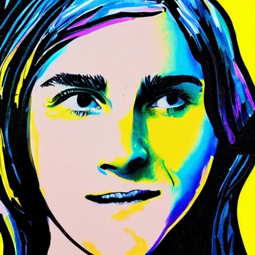 Prompt: rainbow smiling emma watson age 1 4 as hermione. pop art.