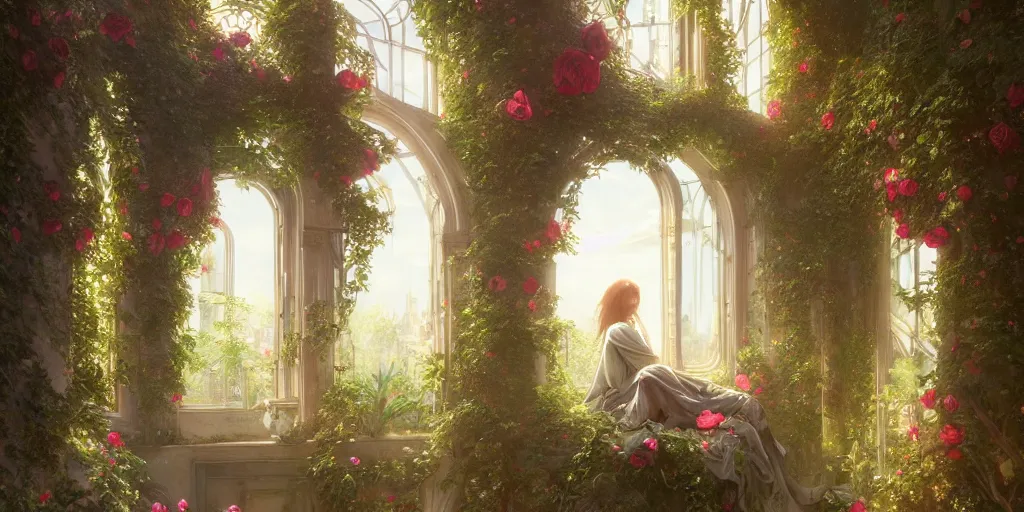 Image similar to ultra realistic, artstation, concept art, natural lighting, by artgerm and greg rutkowski and alphonse mucha and wlop, heaven dreamy interior with surrounded ivy, flowers, roses, and with archways. rendered in octane render with photorealistic lighting, 8 k, hd