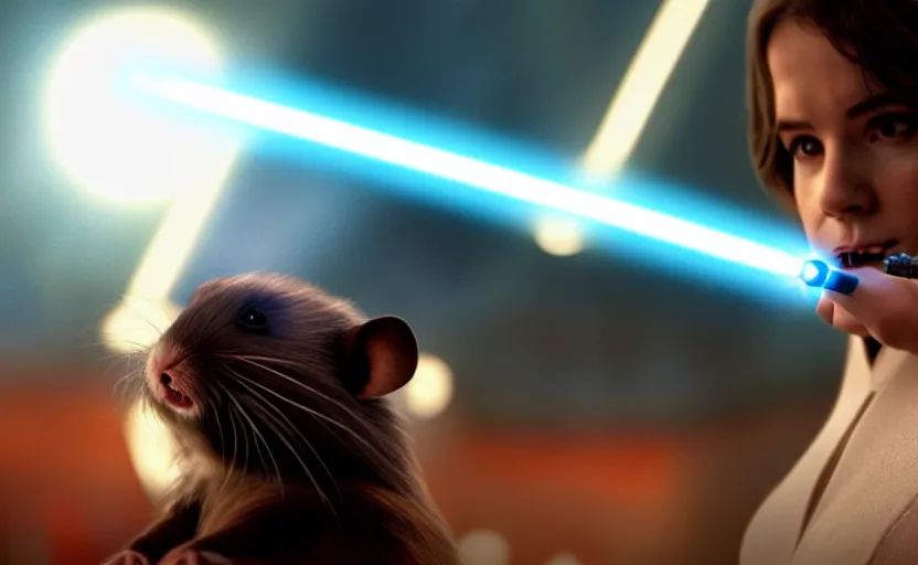 Image similar to movie still, star wars, hamster wielding a lightsaber, cinematic, sharp focus, cinematic lighting, 8 k