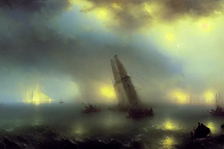 Image similar to A beautiful painting of port town during thunderstorm by Ivan aivazovsky and greg rutkowski