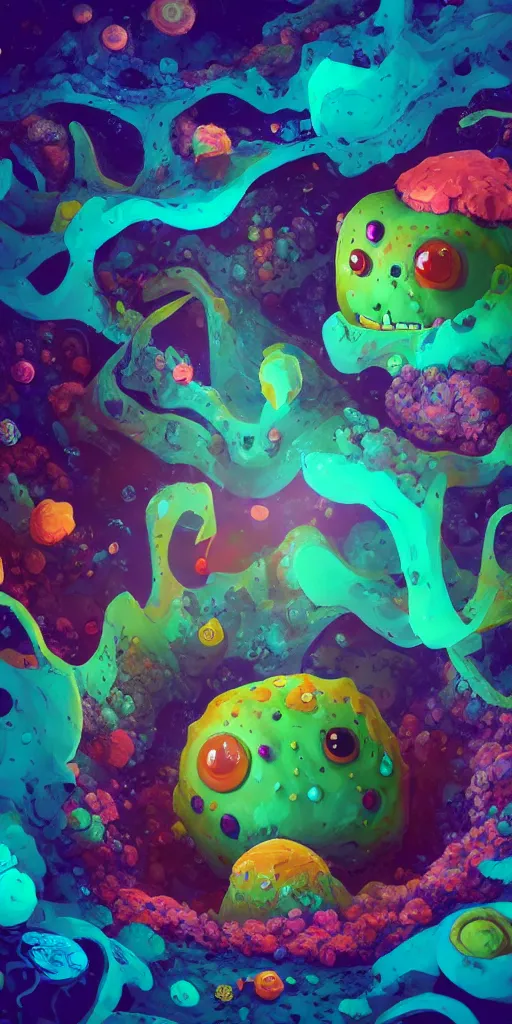 Prompt: of a colorful deep sea crater with strange cute blobby happy creatures with huge eyes, mouth, long tongue and round teeth appearing from smokey background, in the style of gehry and gaudi, macro lens, shallow depth of field, ultra detailed, digital painting, trending artstation, concept art, illustration, cinematic lighting, photorealism, epic, octane render