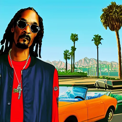 Image similar to Snoop Dogg in GTA V. Los Santos in the background, palm trees. In the art style of Stephen Bliss.