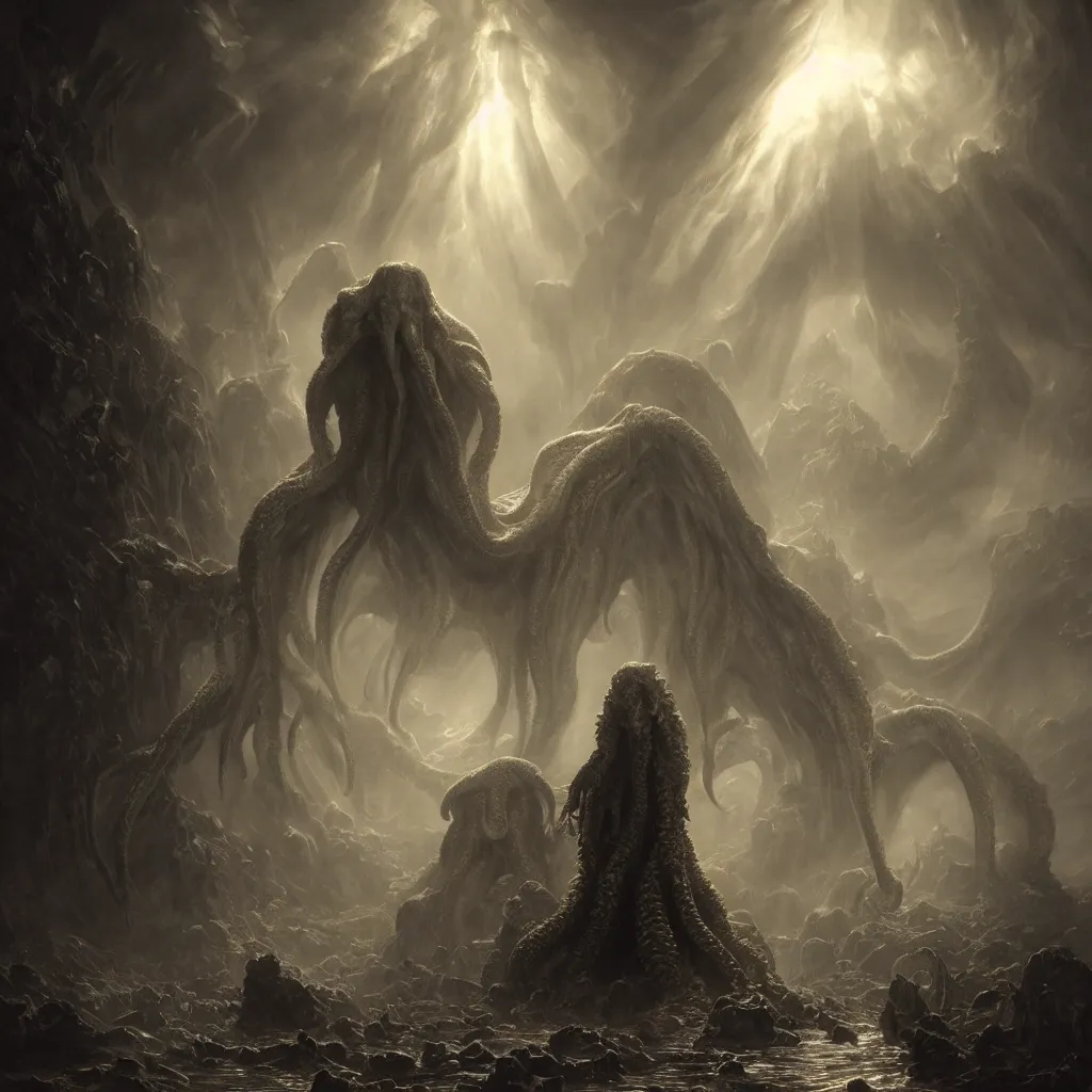 Prompt: human looking at big monstrosity portrait of Cthulhu, hyperdetailed, artstation, cgsociety, soft lighting, crepuscular rays, realistic octane render, 8k, ultra detailed, concept art, hyperdetailed, artstation, cgsociety, by greg rutkowski, by Gustave Dore, painted by gaston bussiere