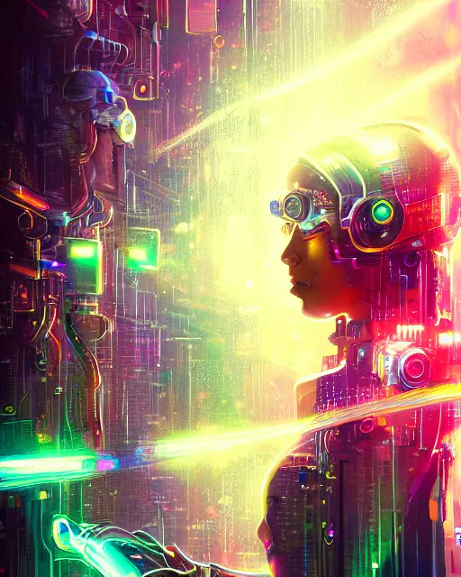 Image similar to a cyberpunk close up portrait of enchanting cyborg athena, electricity, rainbow, sparks, bokeh, soft focus, sparkling, glisten, water drops, cold, dark, geometric, temples behind her, by paul lehr, jesper ejsing