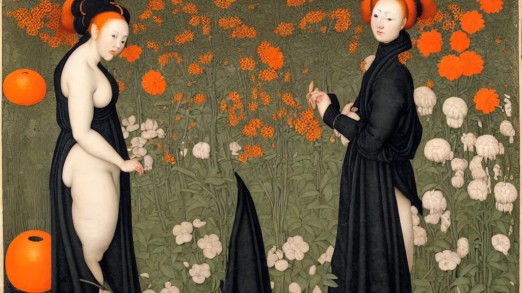 Prompt: portrait of a curvy woman with orange hair buns, wearing a black raincoat, standing in a garden full of plants and flowers, intricate details, high detail, in the style of rogier van der weyden and jacopo da pontormo, punk, asian art,