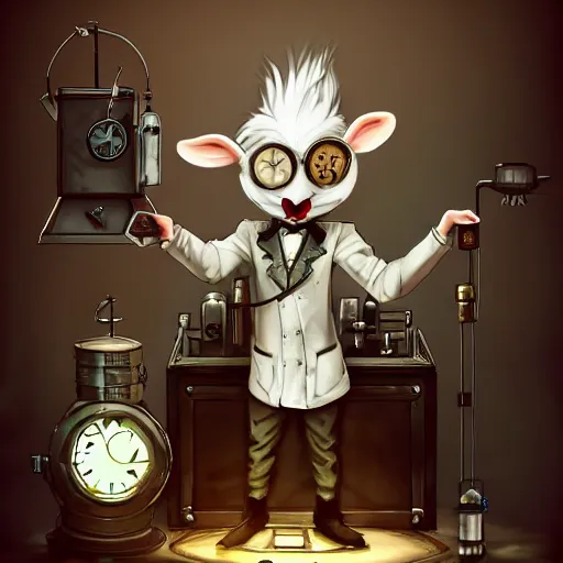 Prompt: a mad scientist goat in lab coat creating a time machine, steampunk style, digital art, trending on artstation and unreal engine, deviantart, smooth, hyper detailed, award - winning, hd