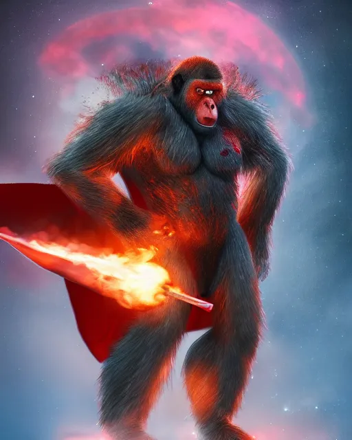 Image similar to fury art, an anthro ape wearing a large cape and a fantasy armor, fire, ice, fiery background, 3 d, 8 k, extremely detailed, trending on furaffinity, trending on artstation, award winning, sharp focus, illustration