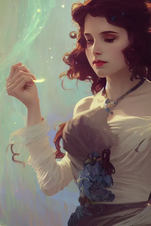 Image similar to Magician Girl, digital painting, portrait, elegant, cinematic lighting, mysterious, highly detailed, artstation, concept art, illustration, smooth, sharp focus, editor's pickup, trending on artstation, trending on deviantart, alphonse mucha, WLOP